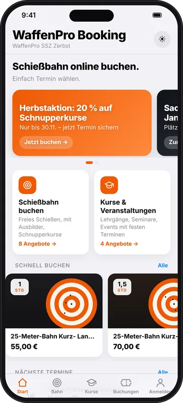 WaffenPro Booking – home screen